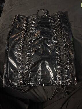 Dolls Kill Black Patent Lace-Up Mini Skirt